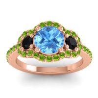 Swiss Blue Topaz Ring In 18K Rose Gold With Black Onyx And Peridot Sodarya Round Three-stone Ring