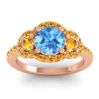 Swiss Blue Topaz Ring In 18K Rose Gold With Citrine Sodarya Round Three-stone Ring
