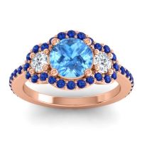 Swiss Blue Topaz Ring In 18K Rose Gold With Lab Diamond And Blue Sapphire Sodarya Round Three-stone Ring
