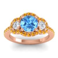 Swiss Blue Topaz Ring In 14K Rose Gold With Diamond And Citrine Sodarya Round Three-stone Ring