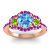 Swiss Blue Topaz Ring In 18K Rose Gold With Peridot And Amethyst Sodarya Round Three-stone Ring