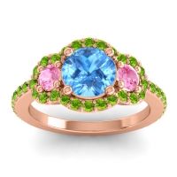 Swiss Blue Topaz Ring In 18K Rose Gold With Pink Tourmaline And Peridot Sodarya Round Three-stone Ring