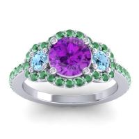 Amethyst Ring In 18k White Gold With Aquamarine And Emerald Sodarya Round Three-stone Ring