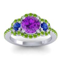 Amethyst Ring In 14k White Gold With Blue Sapphire And Peridot Sodarya Round Three-stone Ring
