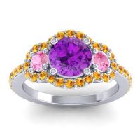 Amethyst Ring In Palladium With Pink Tourmaline And Citrine Sodarya Round Three-stone Ring