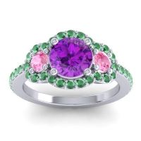 Amethyst Ring In Palladium With Pink Tourmaline And Emerald Sodarya Round Three-stone Ring
