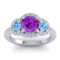 Amethyst Ring In 14k White Gold With Swiss Blue Topaz And Lab Diamond Sodarya Round Three-stone Ring