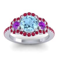 Aquamarine Ring In Palladium With Amethyst And Ruby Sodarya Round Three-stone Ring