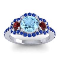 Aquamarine Ring In Palladium With Garnet And Blue Sapphire Sodarya Round Three-stone Ring