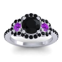 Black Onyx Ring In 14k White Gold With Amethyst Sodarya Round Three-stone Ring