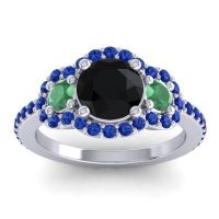 Black Onyx Ring In Palladium With Emerald And Blue Sapphire Sodarya Round Three-stone Ring