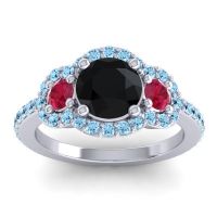 Black Onyx Ring In Palladium With Ruby And Aquamarine Sodarya Round Three-stone Ring