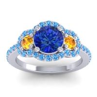 Lab Blue Sapphire Ring In Palladium With Citrine And Swiss Blue Topaz Sodarya Round Three-stone Ring
