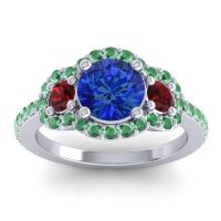 Blue Sapphire Ring In Palladium With Garnet And Emerald Sodarya Round Three-stone Ring