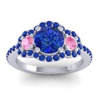 Lab Blue Sapphire Ring In 14k White Gold With Pink Tourmaline And Blue Sapphire Sodarya Round Three-stone Ring