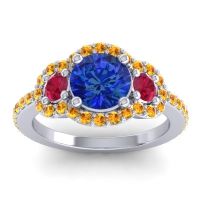 Lab Blue Sapphire Ring In Palladium With Ruby And Citrine Sodarya Round Three-stone Ring