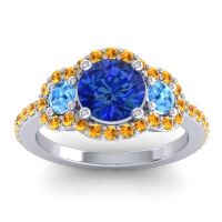 Lab Blue Sapphire Ring In Palladium With Swiss Blue Topaz And Citrine Sodarya Round Three-stone Ring