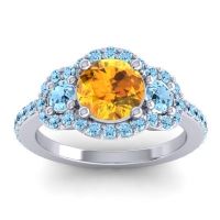 Citrine Ring In 14k White Gold With Aquamarine Sodarya Round Three-stone Ring