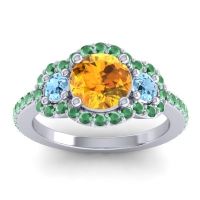Citrine Ring In Palladium With Aquamarine And Emerald Sodarya Round Three-stone Ring