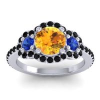 Citrine Ring In Palladium With Blue Sapphire And Black Onyx Sodarya Round Three-stone Ring