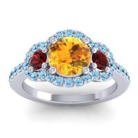 Citrine Ring In 18k White Gold With Garnet And Aquamarine Sodarya Round Three-stone Ring
