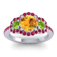 Citrine Ring In 18k White Gold With Peridot And Ruby Sodarya Round Three-stone Ring