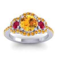 Citrine Ring In Palladium With Ruby Sodarya Round Three-stone Ring