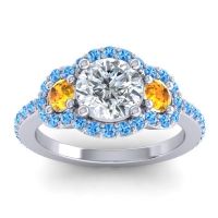 Diamond Ring In Palladium With Citrine And Swiss Blue Topaz Sodarya Round Three-stone Ring