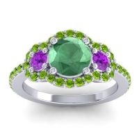 Lab Emerald Ring In 18k White Gold With Amethyst And Peridot Sodarya Round Three-stone Ring