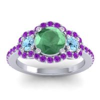 Lab Emerald Ring In 14k White Gold With Aquamarine And Amethyst Sodarya Round Three-stone Ring