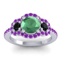 Lab Emerald Ring In 14k White Gold With Black Onyx And Amethyst Sodarya Round Three-stone Ring