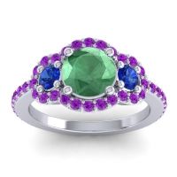 Lab Emerald Ring In Palladium With Blue Sapphire And Amethyst Sodarya Round Three-stone Ring
