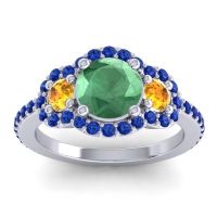 Lab Emerald Ring In Palladium With Citrine And Blue Sapphire Sodarya Round Three-stone Ring