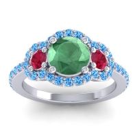 Lab Emerald Ring In Palladium With Ruby And Swiss Blue Topaz Sodarya Round Three-stone Ring