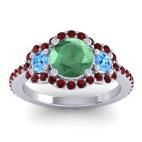 Lab Emerald Ring In Palladium With Swiss Blue Topaz And Garnet Sodarya Round Three-stone Ring