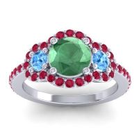 Lab Emerald Ring In Palladium With Swiss Blue Topaz And Ruby Sodarya Round Three-stone Ring