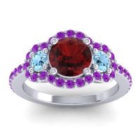 Garnet Ring In Palladium With Aquamarine And Amethyst Sodarya Round Three-stone Ring