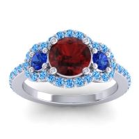 Garnet Ring In Palladium With Blue Sapphire And Swiss Blue Topaz Sodarya Round Three-stone Ring