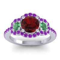Garnet Ring In Palladium With Emerald And Amethyst Sodarya Round Three-stone Ring