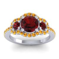 Garnet Ring In 18k White Gold With Citrine Sodarya Round Three-stone Ring
