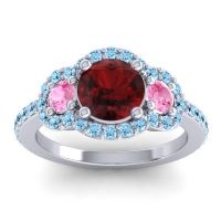 Garnet Ring In 14k White Gold With Pink Tourmaline And Aquamarine Sodarya Round Three-stone Ring