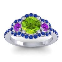 Peridot Ring In 14k White Gold With Amethyst And Blue Sapphire Sodarya Round Three-stone Ring