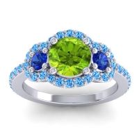 Peridot Ring In Palladium With Blue Sapphire And Swiss Blue Topaz Sodarya Round Three-stone Ring