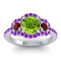 Peridot Ring In 18k White Gold With Garnet And Amethyst Sodarya Round Three-stone Ring