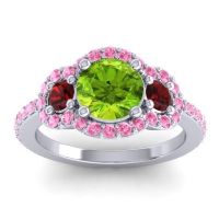 Peridot Ring In 14k White Gold With Garnet And Pink Tourmaline Sodarya Round Three-stone Ring