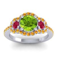 Peridot Ring In 18k White Gold With Ruby And Citrine Sodarya Round Three-stone Ring