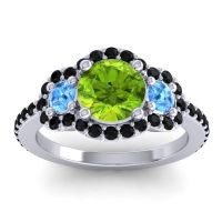 Peridot Ring In 14k White Gold With Swiss Blue Topaz And Black Onyx Sodarya Round Three-stone Ring