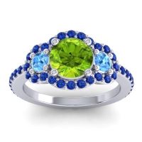 Peridot Ring In 14k White Gold With Swiss Blue Topaz And Blue Sapphire Sodarya Round Three-stone Ring