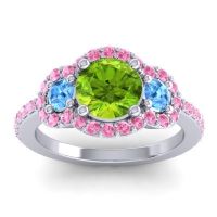 Peridot Ring In 14k White Gold With Swiss Blue Topaz And Pink Tourmaline Sodarya Round Three-stone Ring