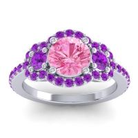 Pink Tourmaline Ring In Palladium With Amethyst Sodarya Round Three-stone Ring
